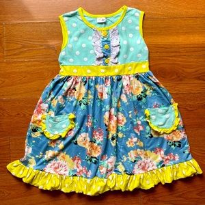 Girls Boutique Blue/Yellow Tank Dress w/ Lace and Polka Dots Size 7/8 - Like New